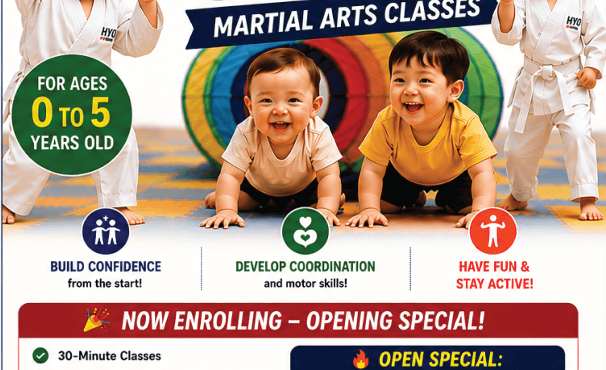 Preschool Taekwondo students learning balance and coordination at HYO Martial Arts in Temecula