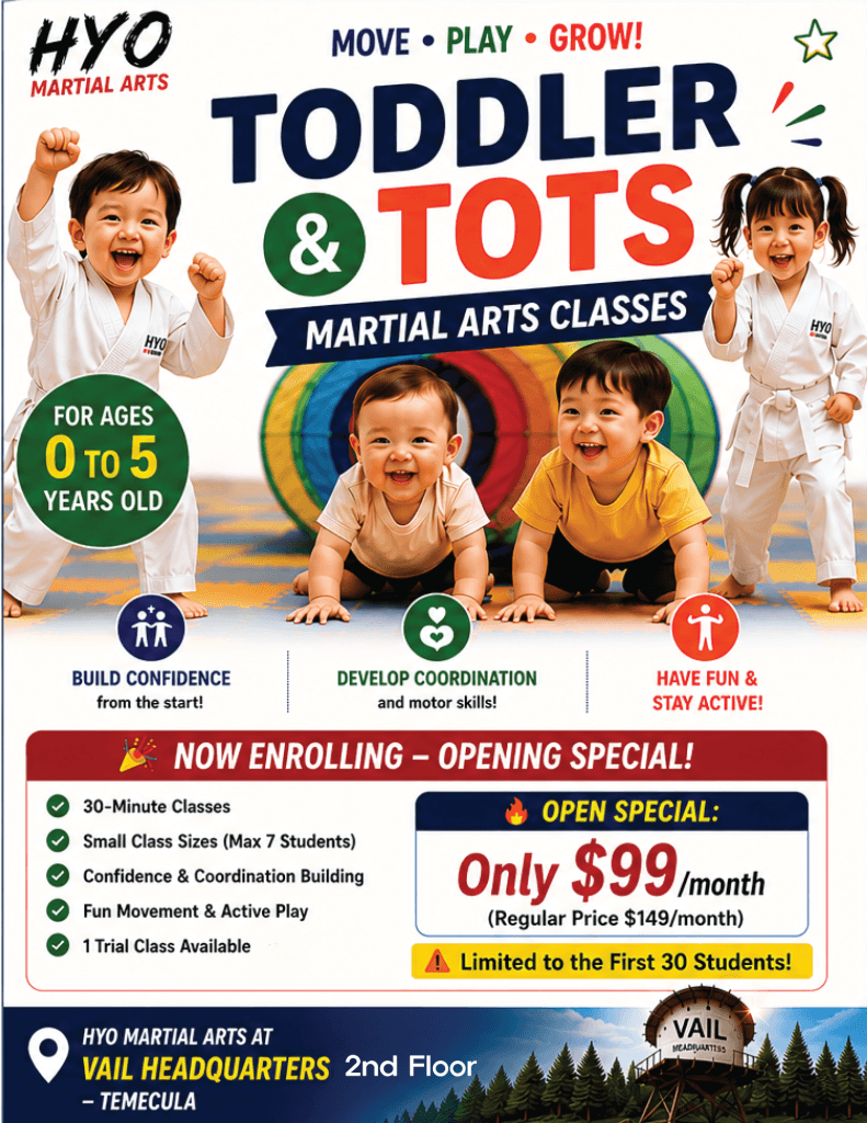 Preschool Taekwondo students learning balance and coordination at HYO Martial Arts in Temecula